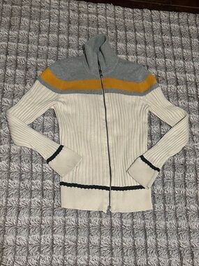 90s Eddie Bauer Womens Cream Zip Ribbed Cardigan with Gray and Mustard Bands (s)